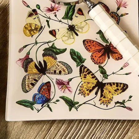 Butterfly and Botanical Glass Trinket Tray with Gold Foil Back