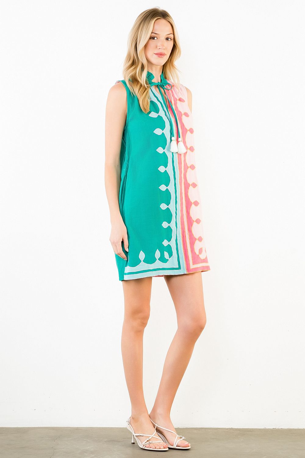 Ruffle Neck Tassel Colorblock Dress