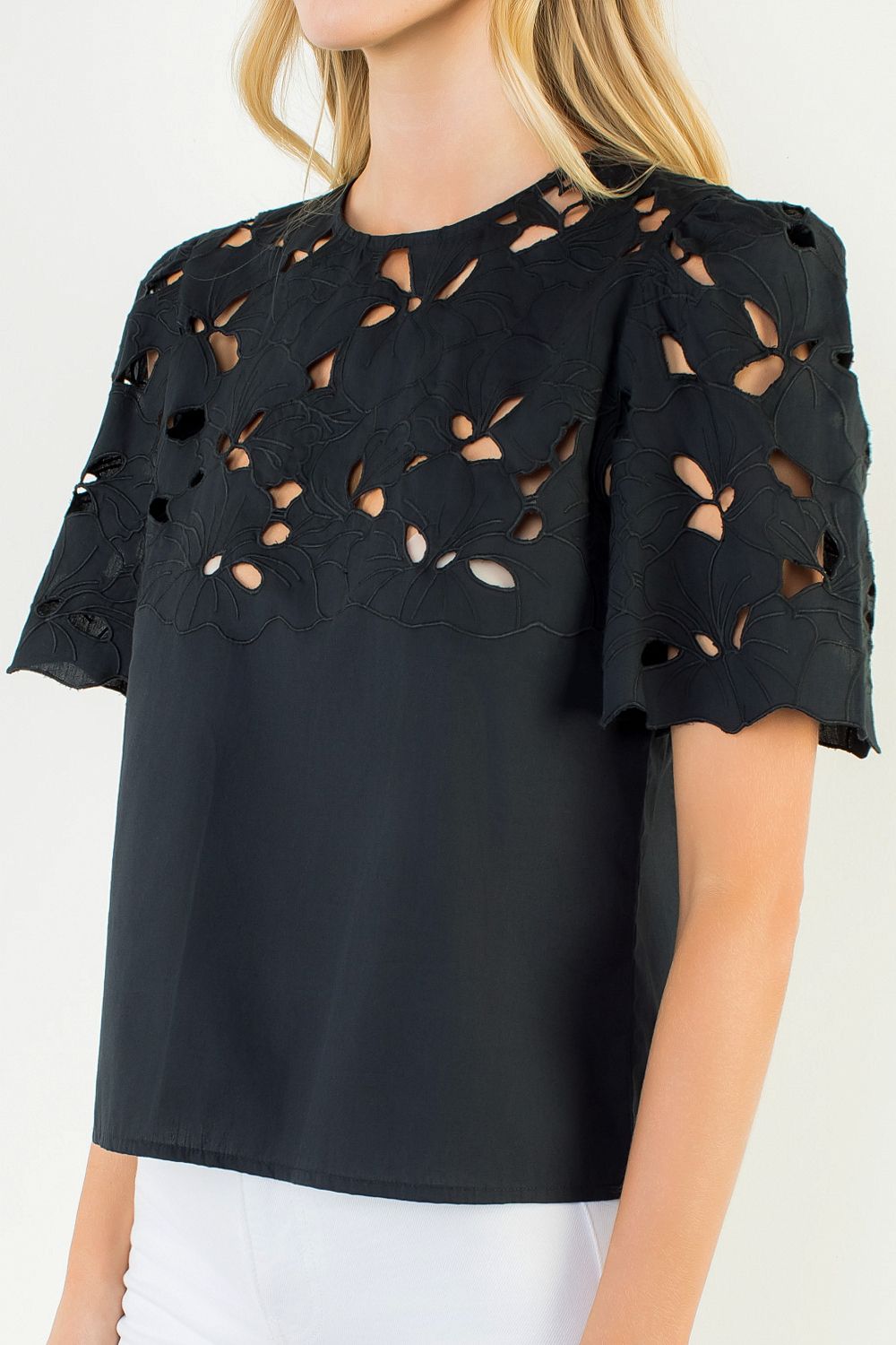 Short Sleeve Eyelet Top/Black