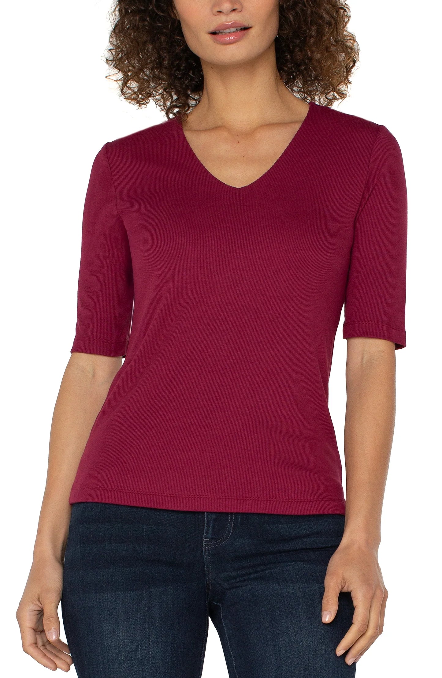 Double Layer V-neck Rib Knit Top Cherry