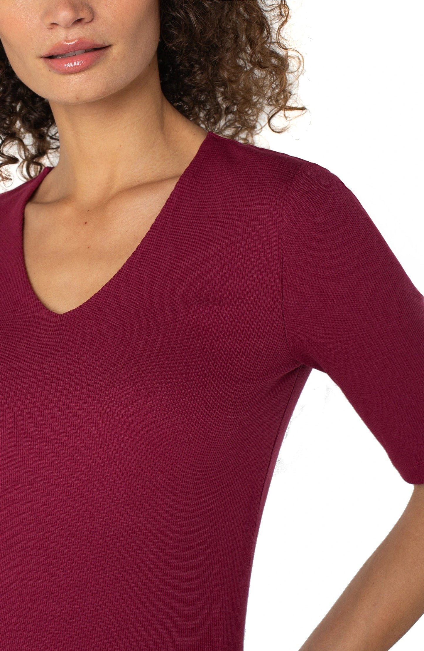 Double Layer V-neck Rib Knit Top Cherry