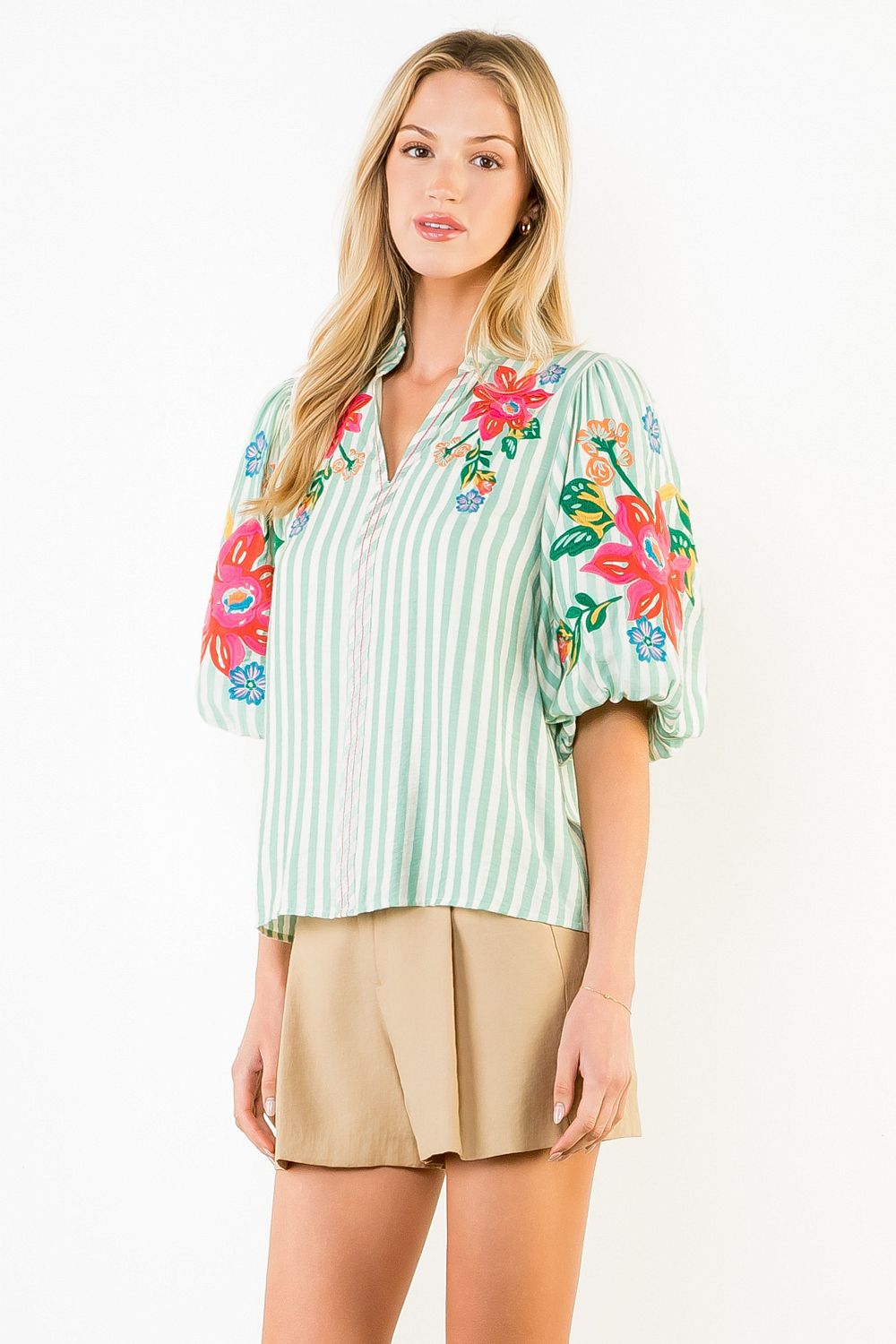 Puff Sleeve Floral Embroidery Striped Top
