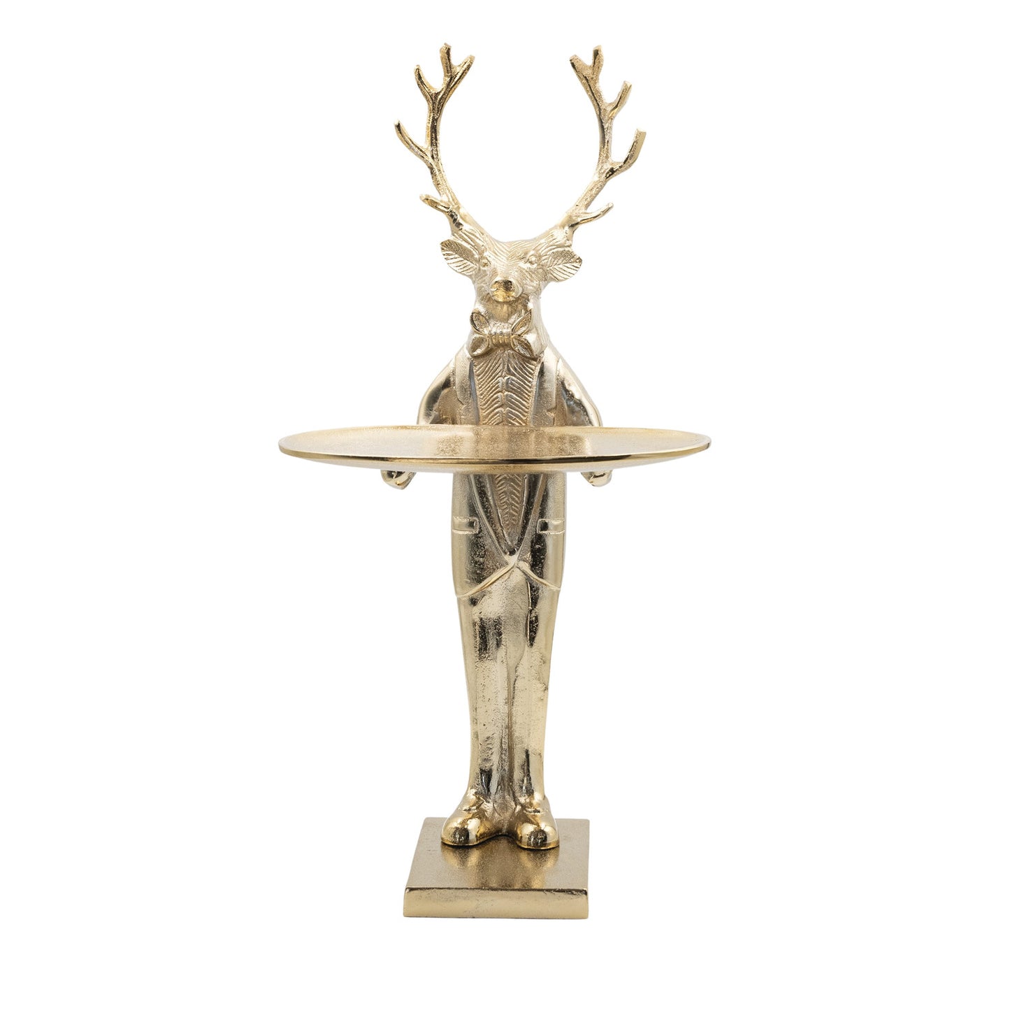 10"L x 8"W x 20"H Cast Aluminum Deer with Tray, Gold Finish