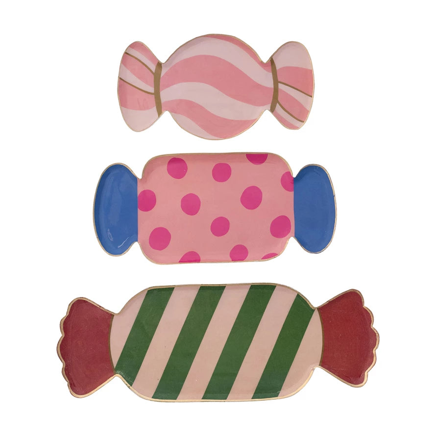 Enameled Metal Candy Shaped Trays with Gold Edge