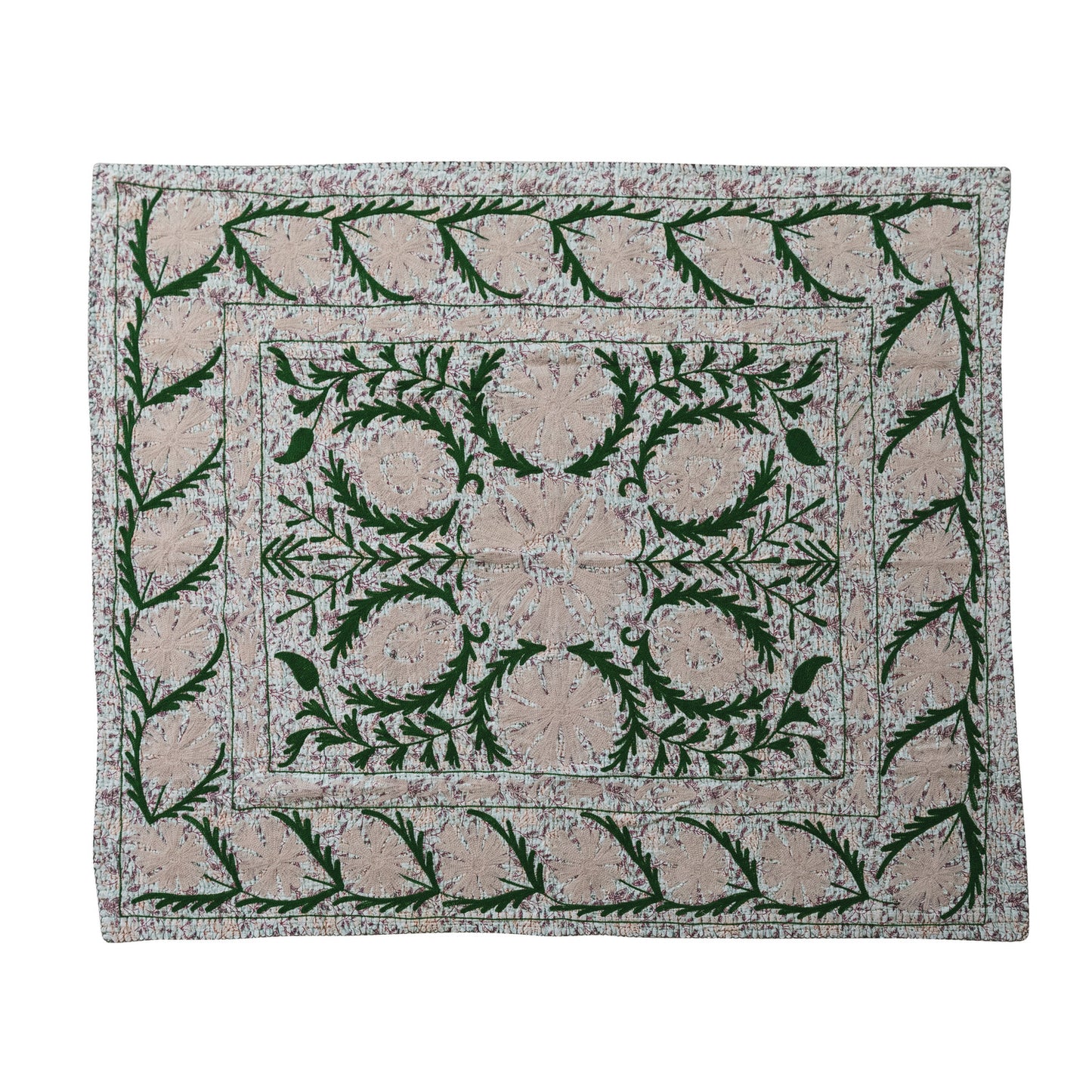 Voile Printed Throw with Suzani Pattern & Hand-Embroidered Kantha Stitch