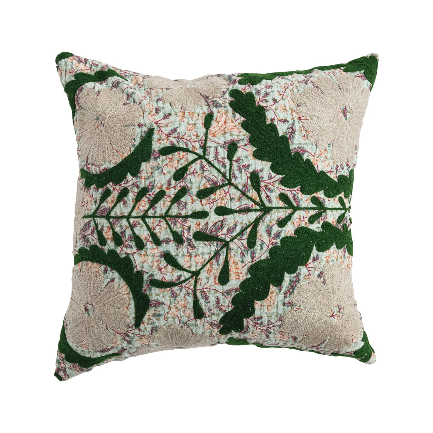 18" Square Cotton Voile Pillow with Hand-Embroidered Kantha Stitch