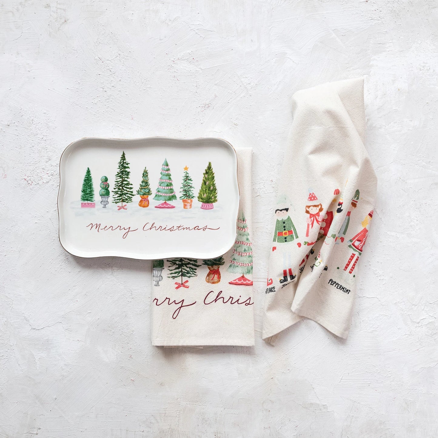 Stoneware Scalloped Platter with Trees & Gold Electroplating