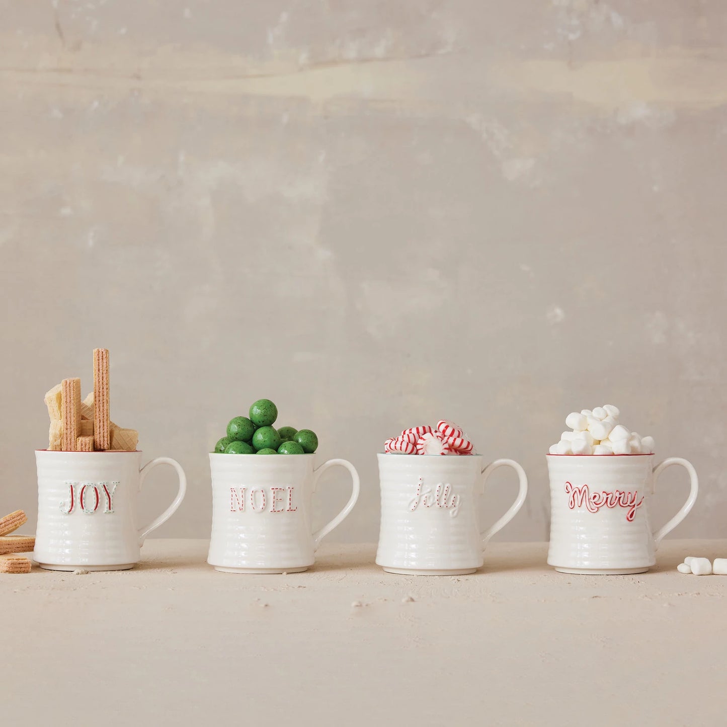 Embossed Stoneware Mug with Colored Rim