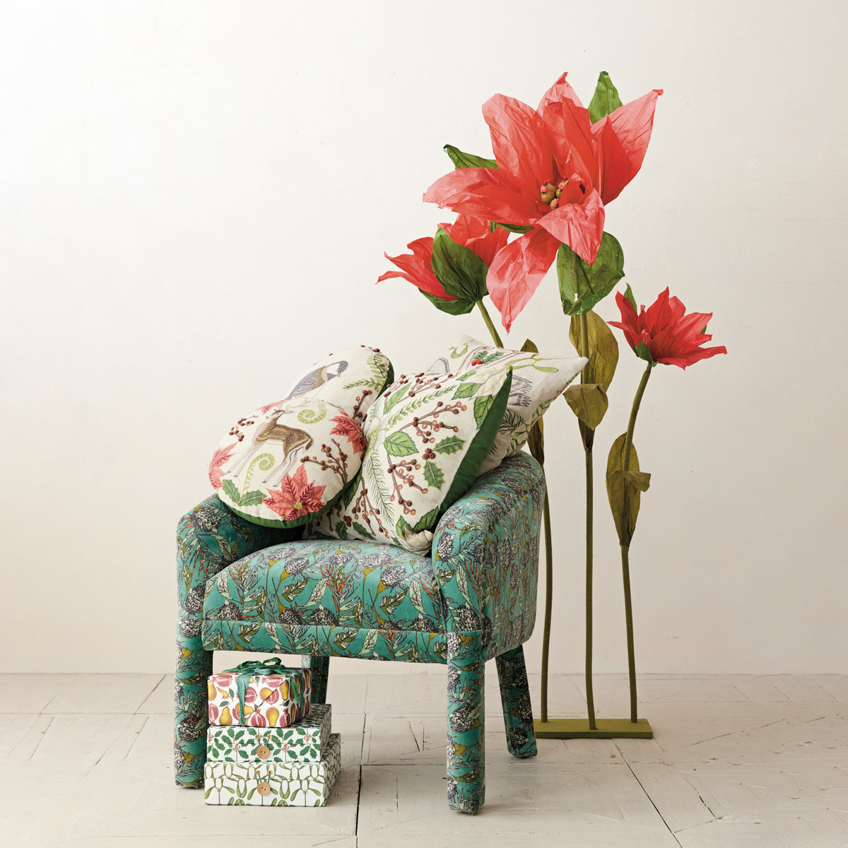 Round Linen Printed Pillow with Seasonal Botanicals, Deer