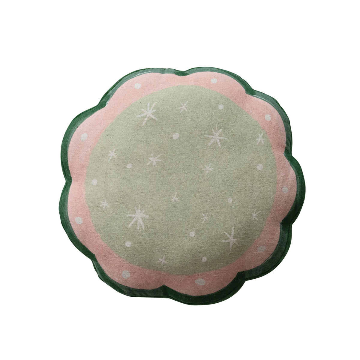 18" Round Cotton & Linen Scalloped Printed Pillow with Embroidery