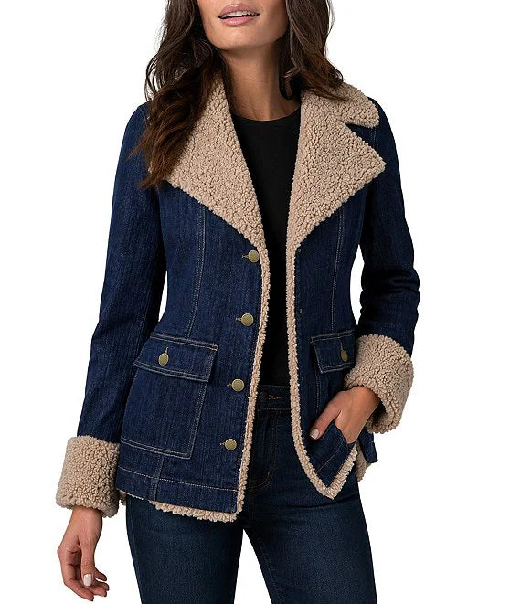 Stretch Denim Oversized Notch Sherpa Trim Jacket