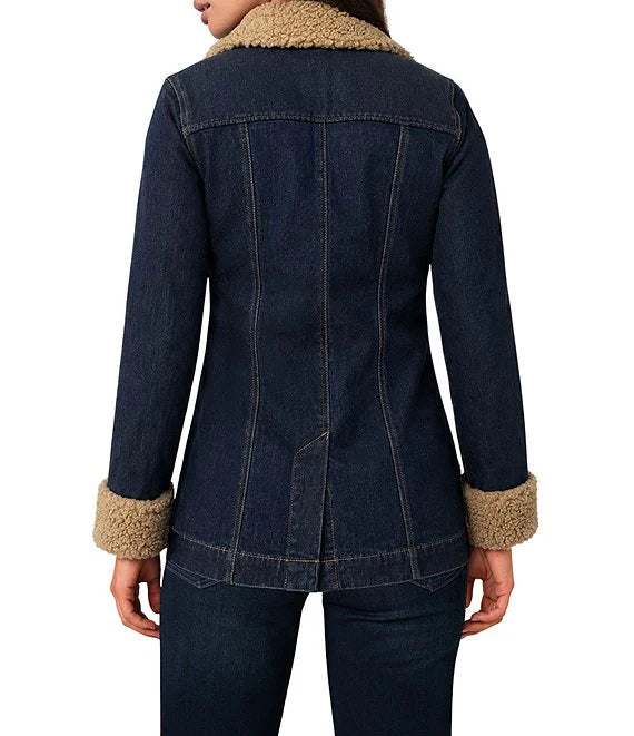 Stretch Denim Oversized Notch Sherpa Trim Jacket