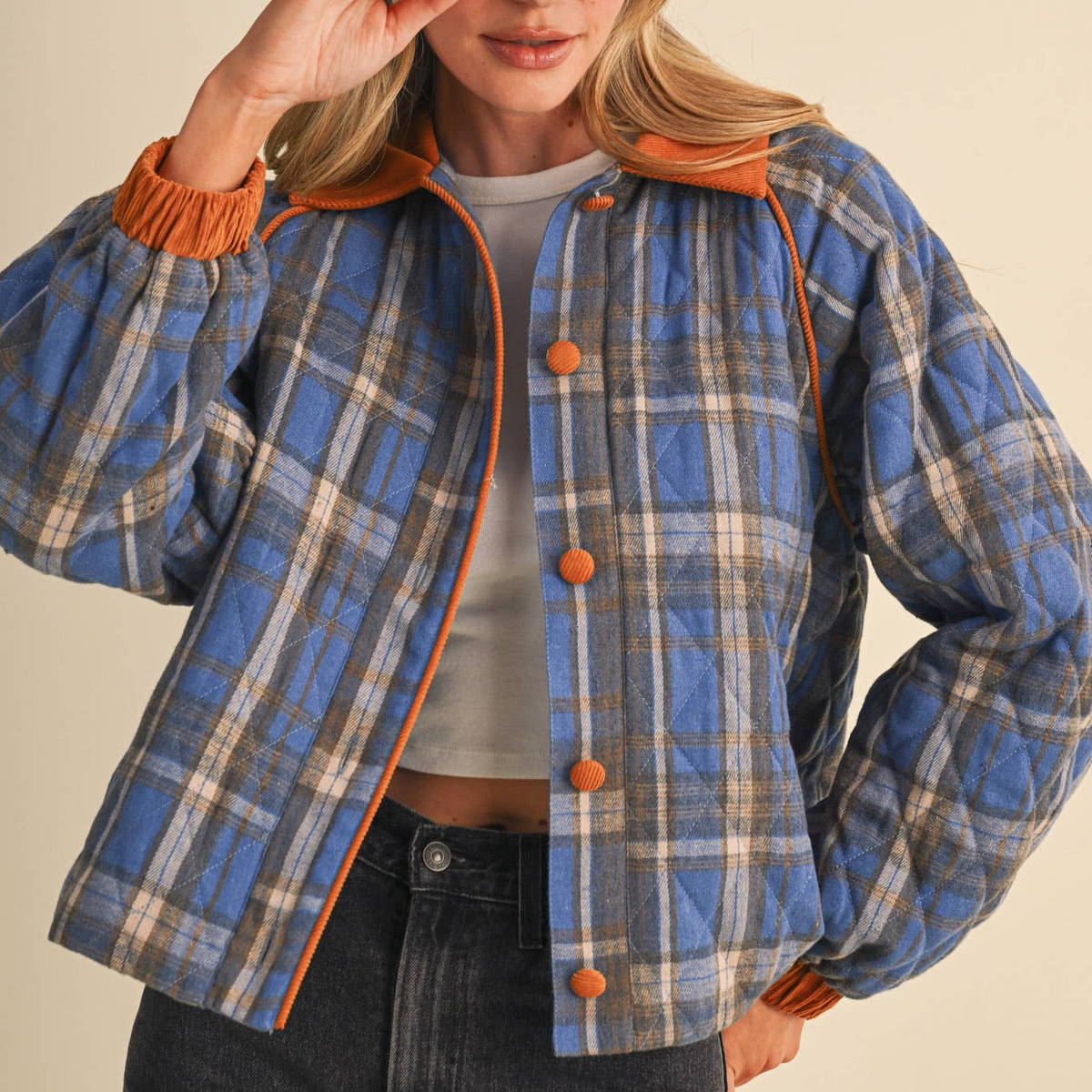 Plaid Quilted Jacket w/ Corduroy