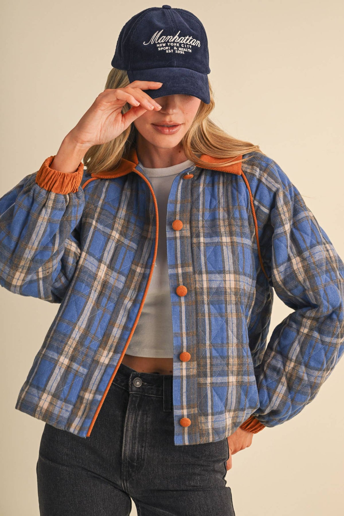Plaid Quilted Jacket w/ Corduroy