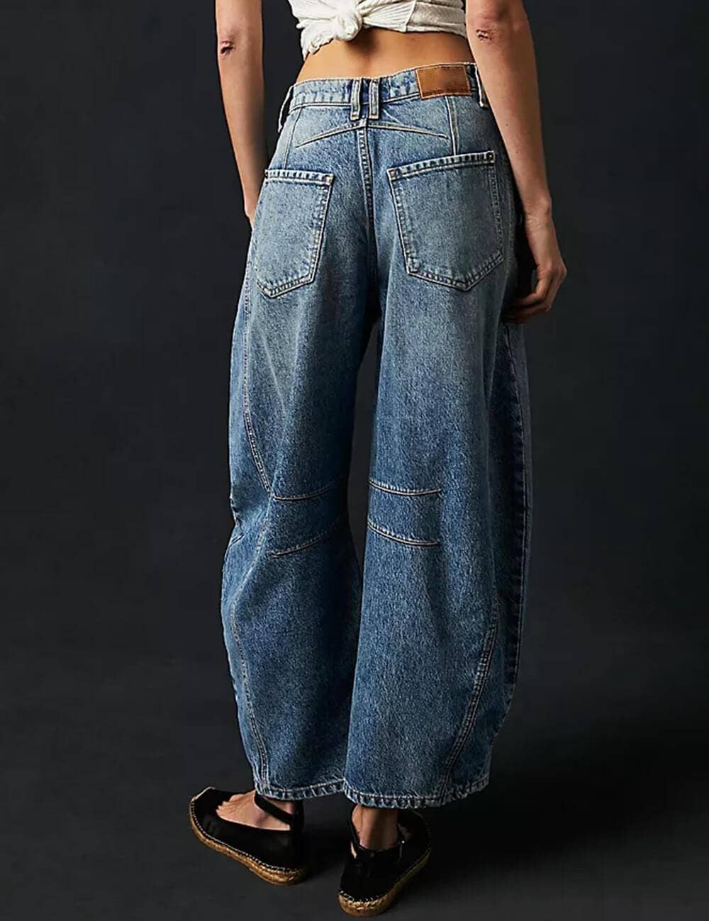 Ladies Mid Rise Wide Leg Barrel Jeans Denim Blue