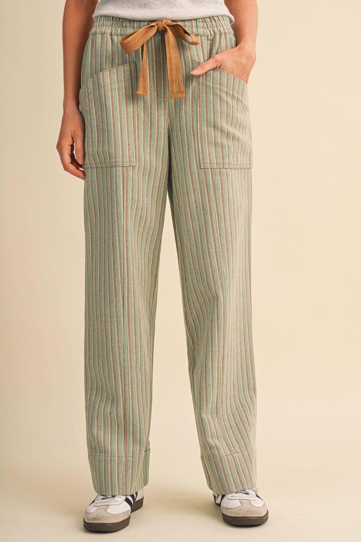 Striped Wide Leg Drawstring Pants- Sage