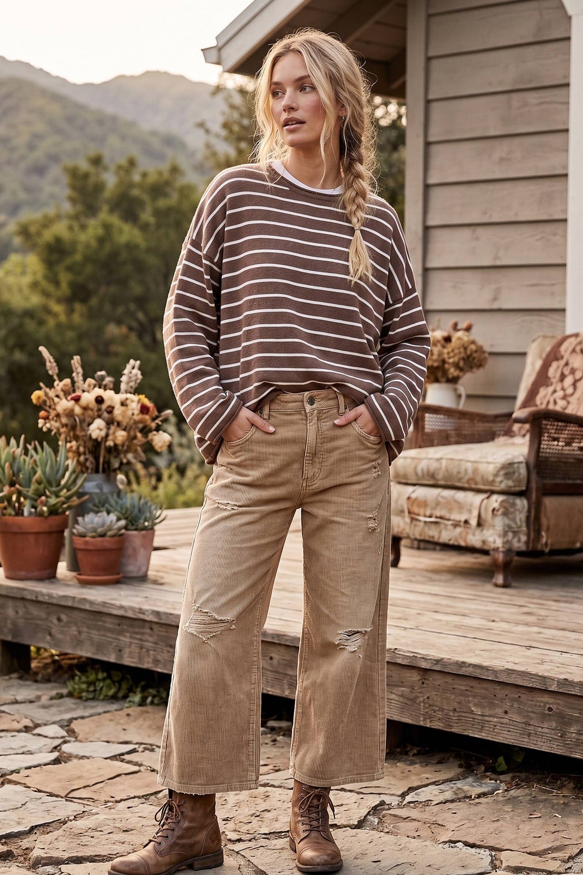 Oversized Lightweight Striped Sweater: Heather Mocha