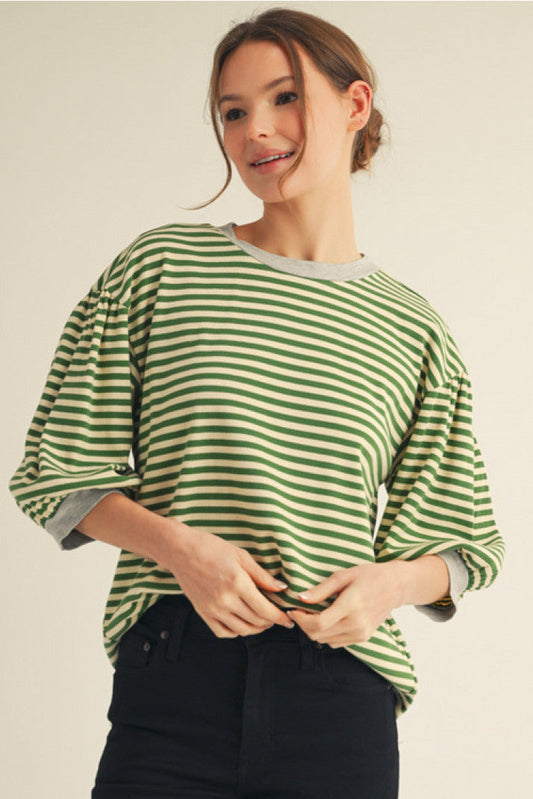 Puff 3/4 Sleeve Green/Cream Top