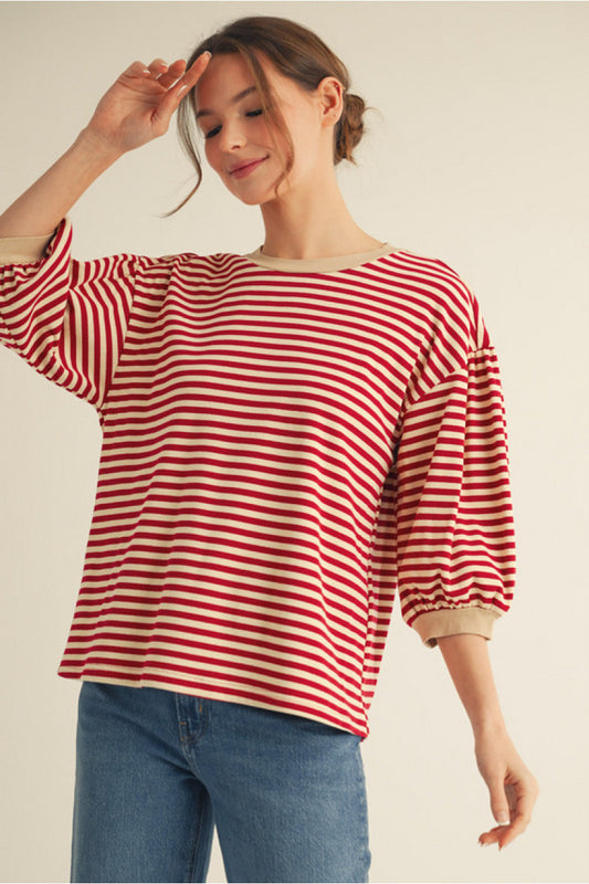 Puff Sleeve Striped Top Red