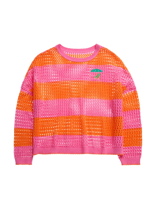 Umbrella Striped Mesh Sweater, Pink