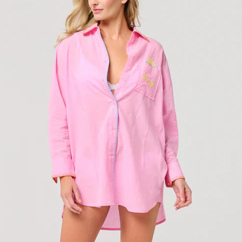 "Vacay/Out of Office" Cover-Up Shirt, Pink