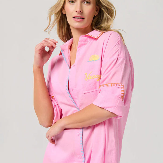 "Vacay/Out of Office" Cover-Up Shirt, Pink