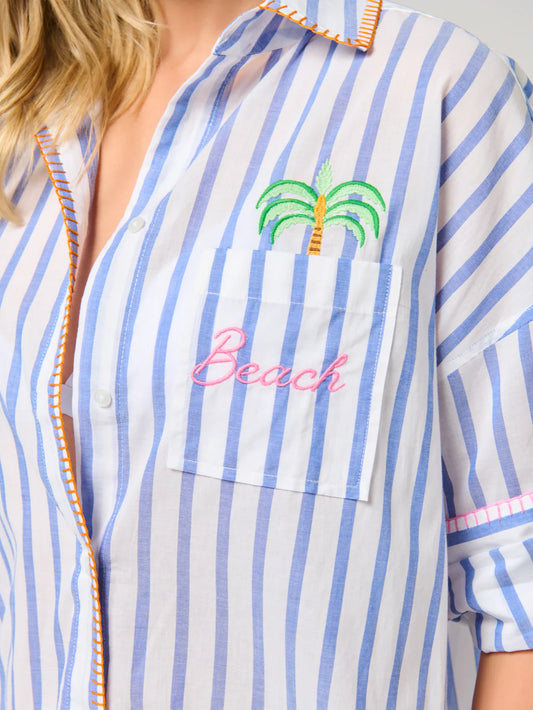 "Beach/Ocean Air, Salty Hair, Don't Care" Cover-Up Shirt, Blue