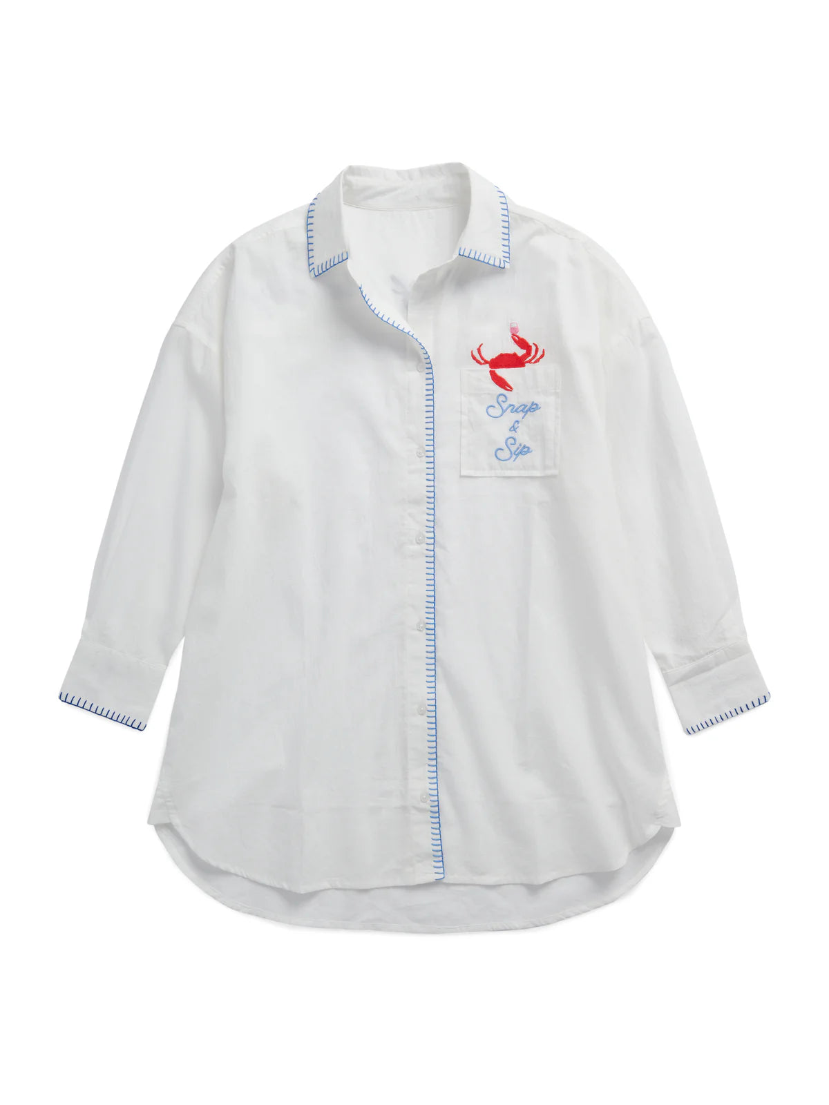 "Snap & Sip/Catch of the Day" Cover-Up Shirt, White