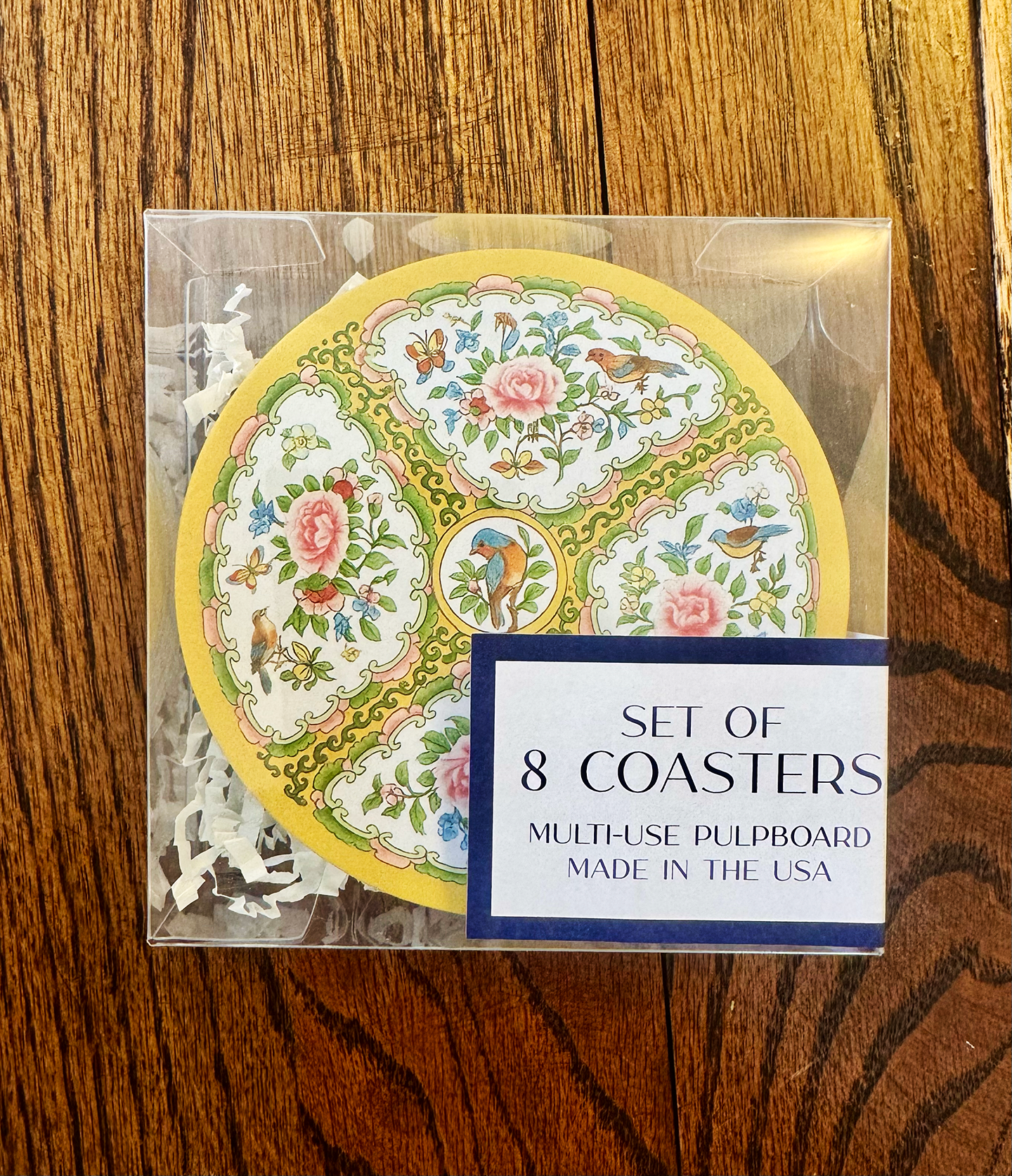 Antique Rose Yellow & Pink Birds & Floral Coaster Set: 8 / Retail