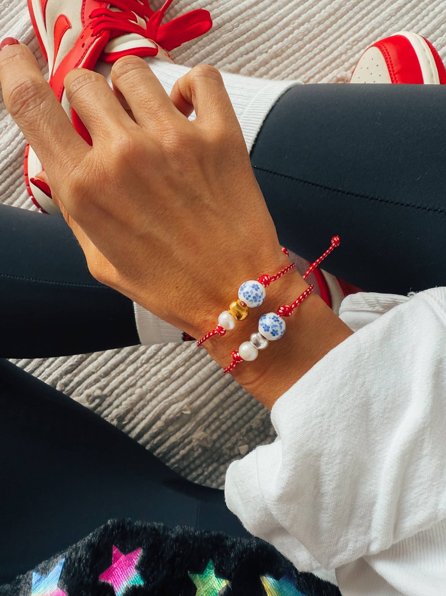 Red Cord Porcelain Bead and Pearl Bracelet