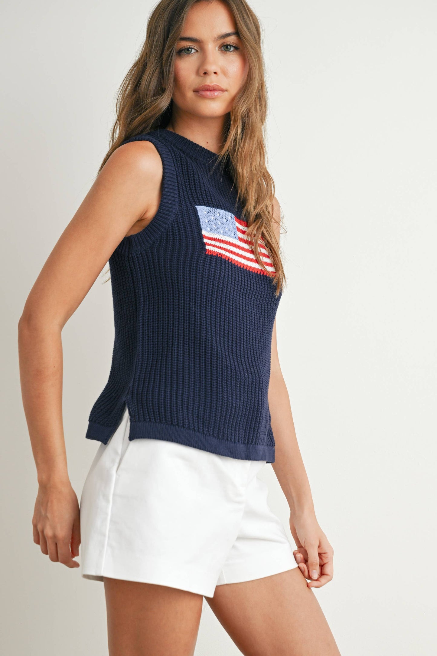 Flag Print Knitted Sleeveless Sweater - Navy