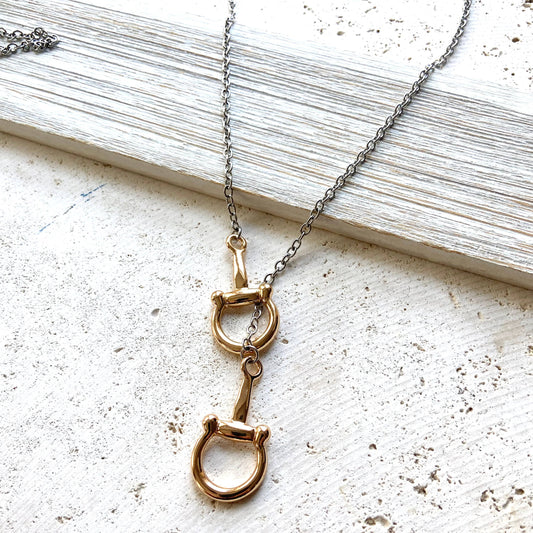 Horse bit necklace equestrian jewelry, Derby stirrup: Mixed metals