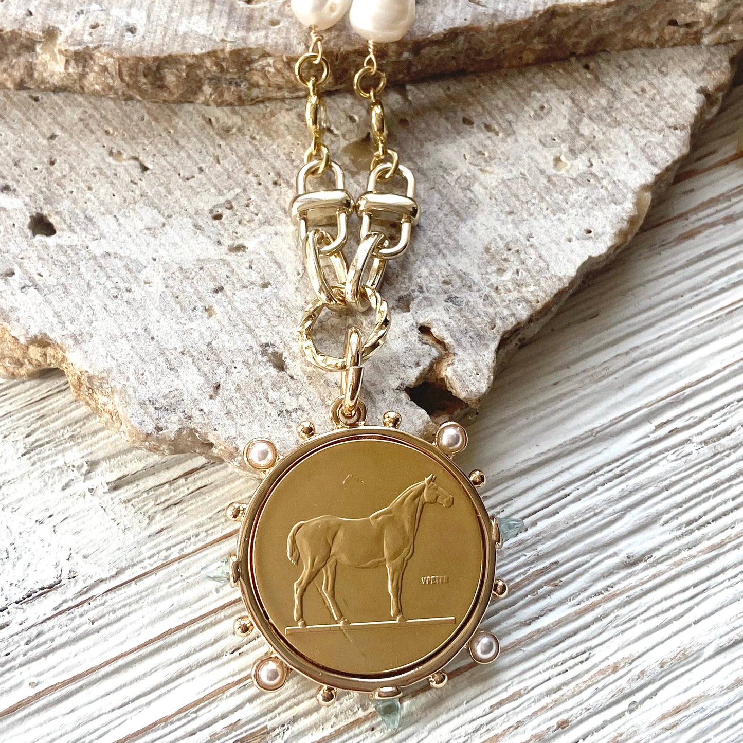 Equestrian Coin Pearl and Gold Necklace