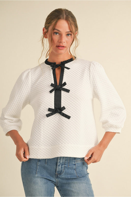 Bow Tie Textured Top- White/Black