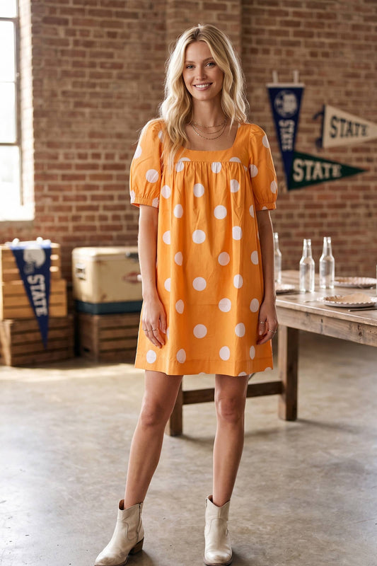Gameday Polka Dot Puff Sleeve Dress: Orange/White