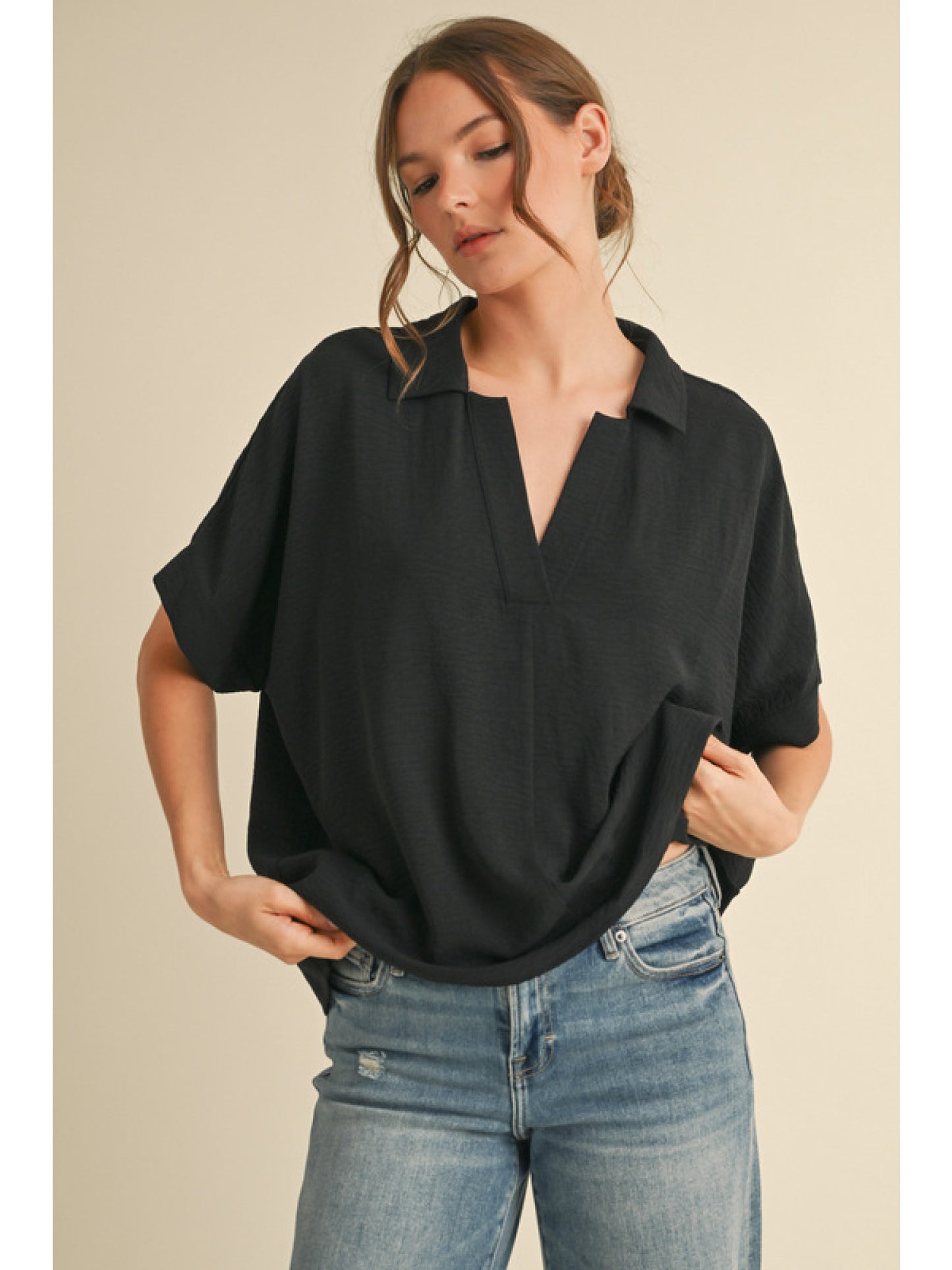 Open Collar Lightweight Top Black