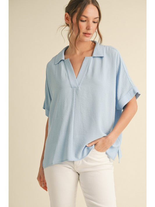 Open Collar Lightweight Top Sky Blue