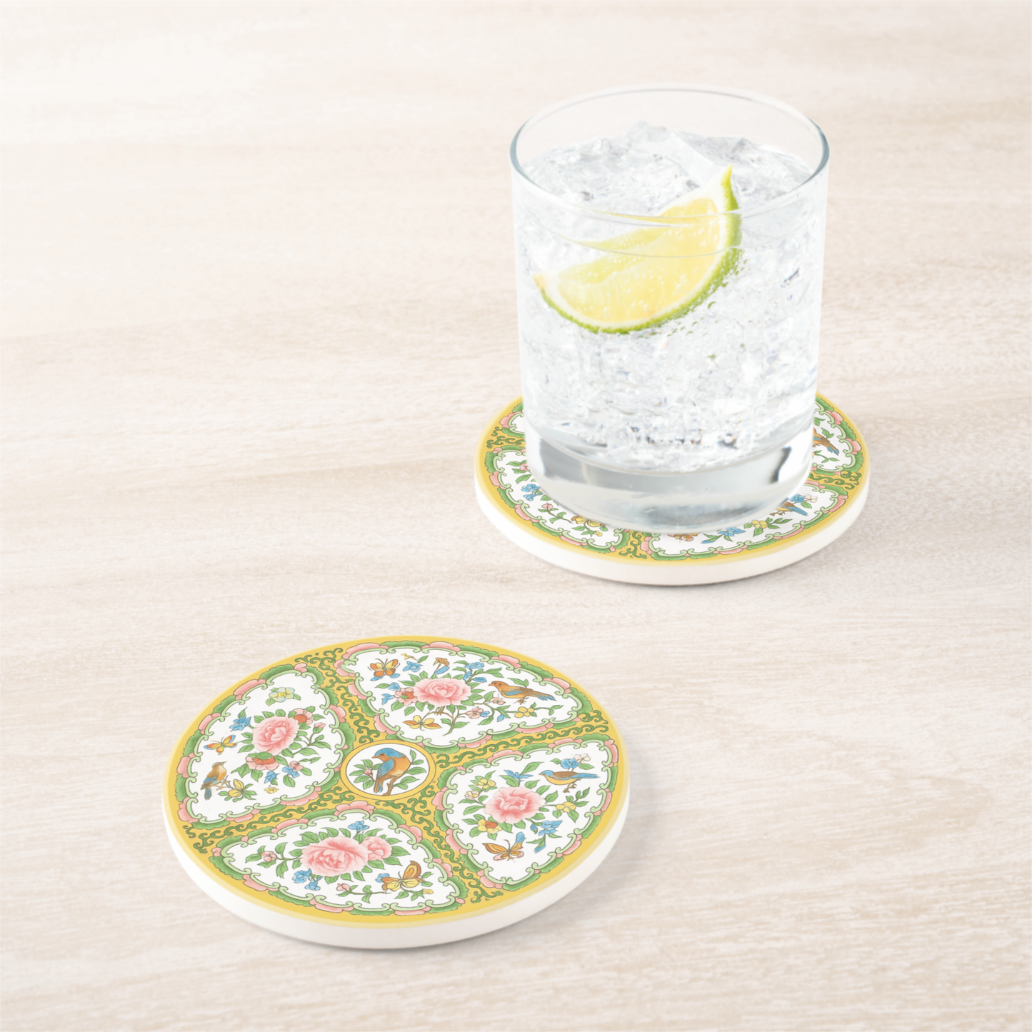 Antique Rose Birds & Floral Cork Back Coaster | Set of 2