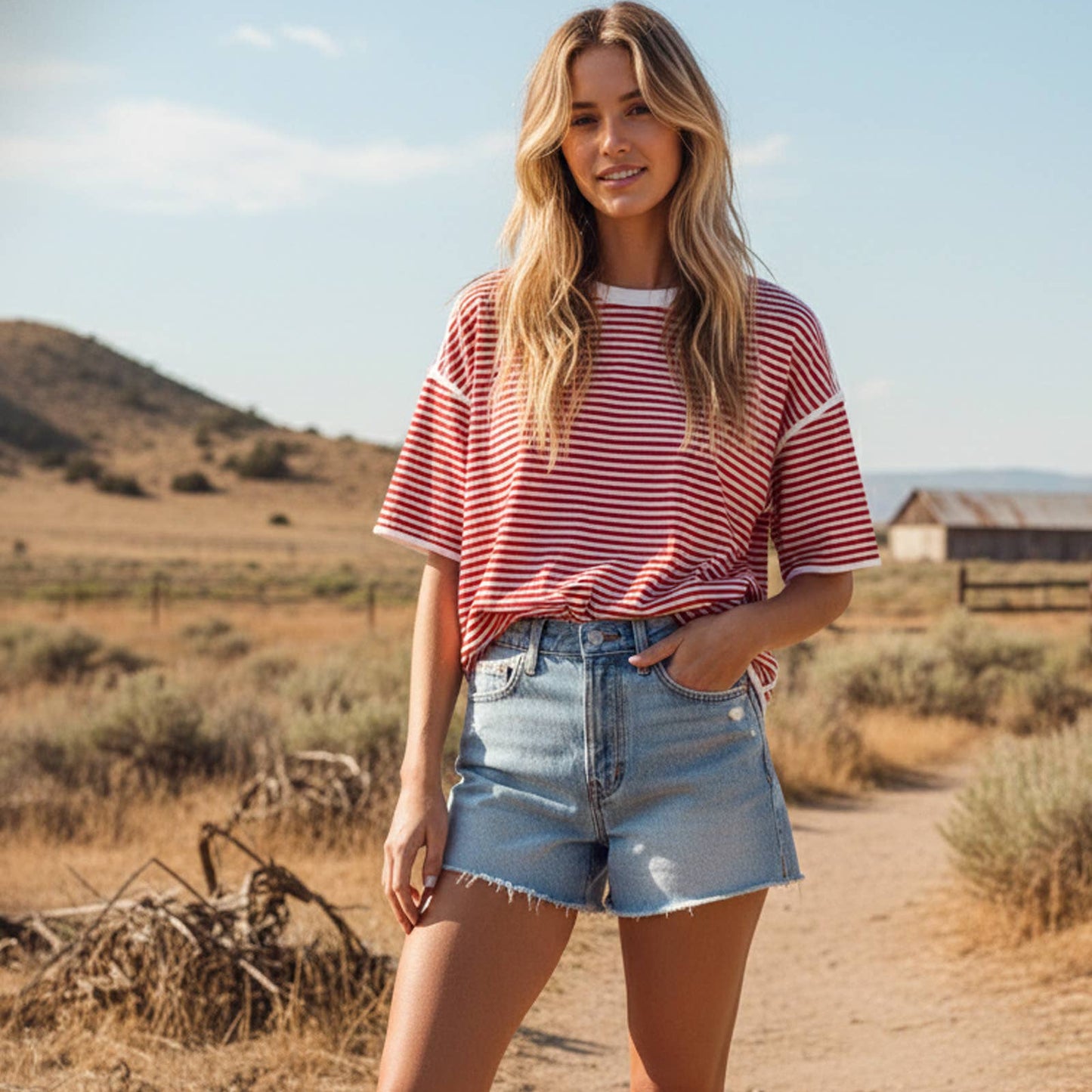 Striped Oversized Knit Top Red