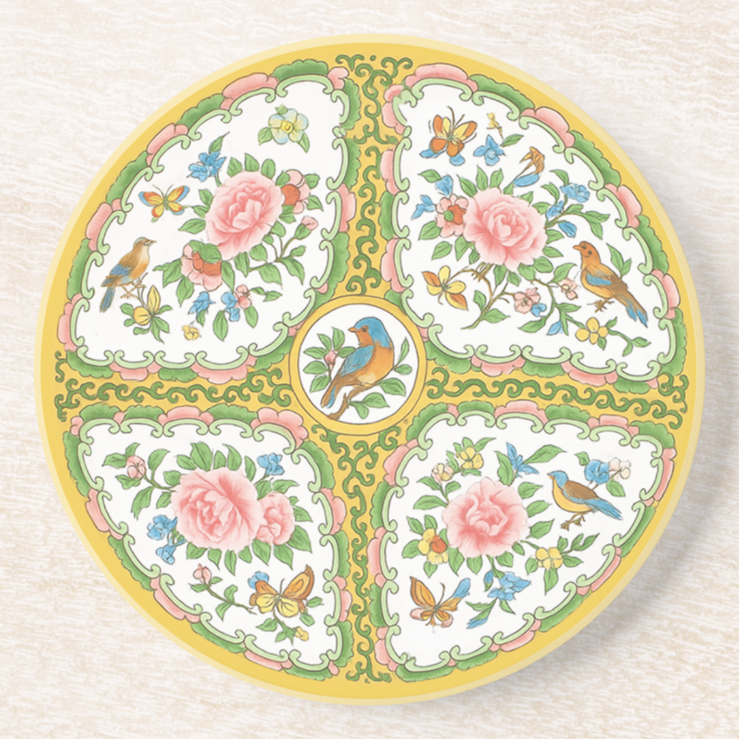 Antique Rose Birds & Floral Cork Back Coaster | Set of 2