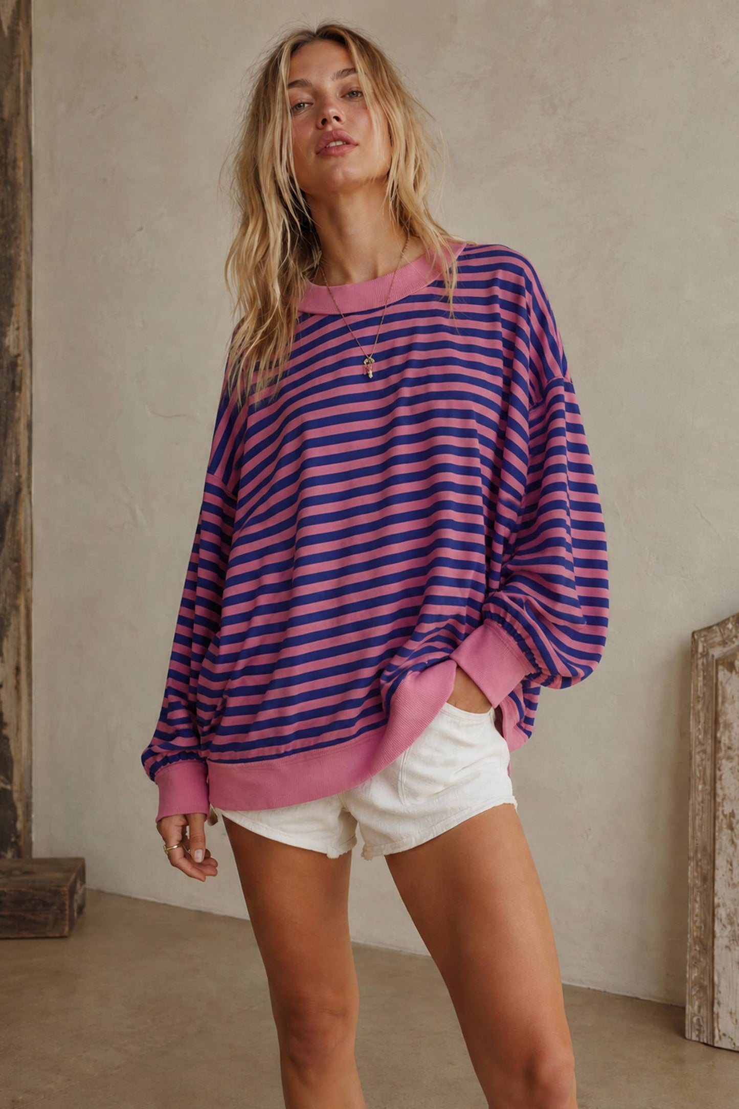 Oversized Contrast Stripe Mock Neck Terry Pullover: DENIM/RED