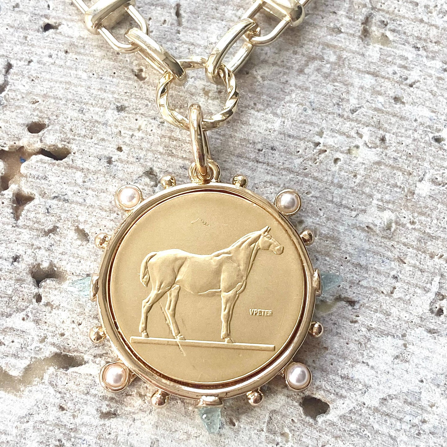Equestrian Coin Pearl and Gold Necklace