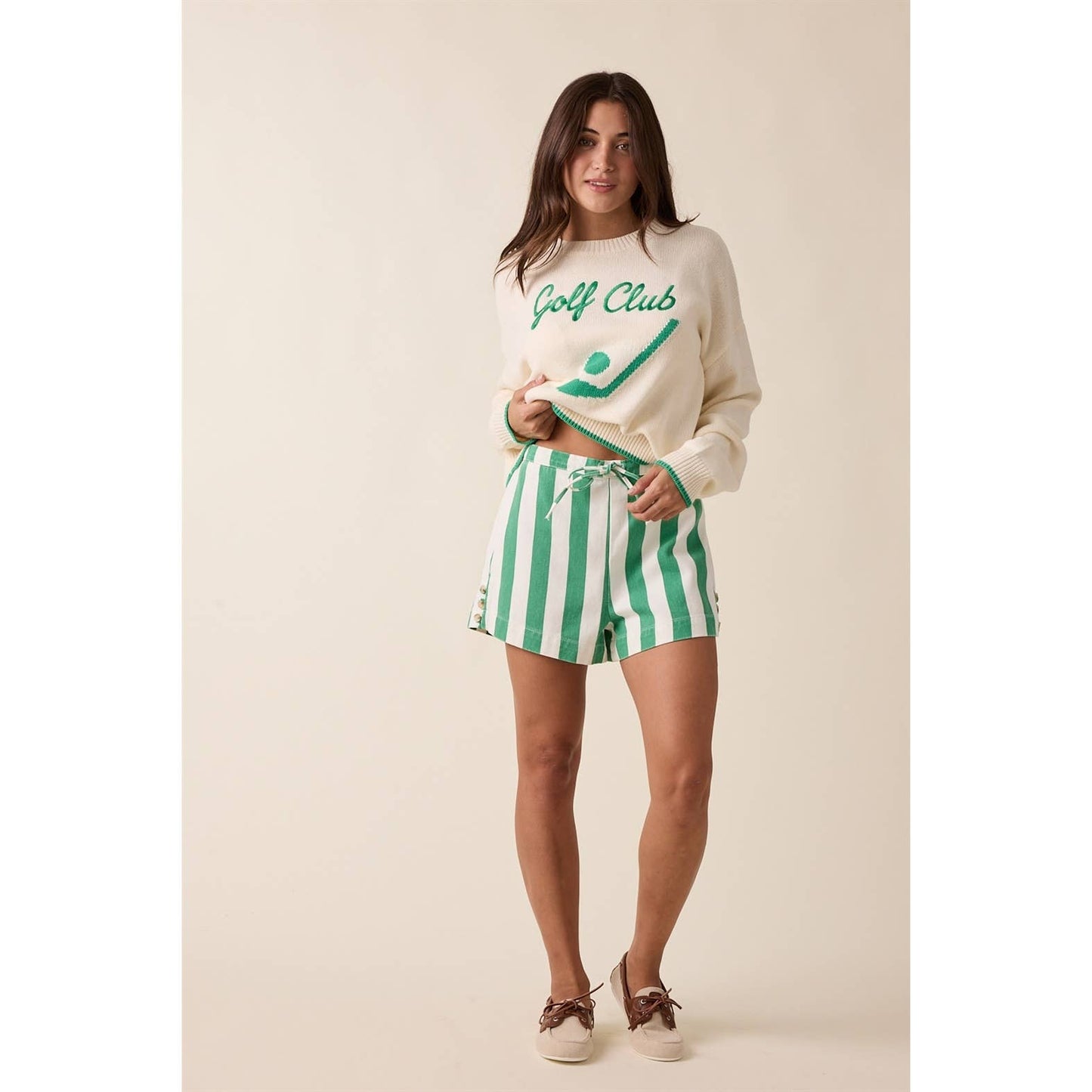 Stirped Denim Shorts W/ Drawstring - Green/White