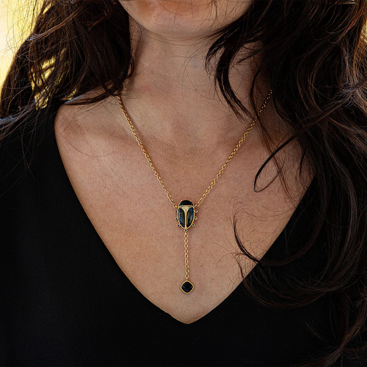 Scarab Lariat Necklace, 18"+2" - Blue Labradorite/Black