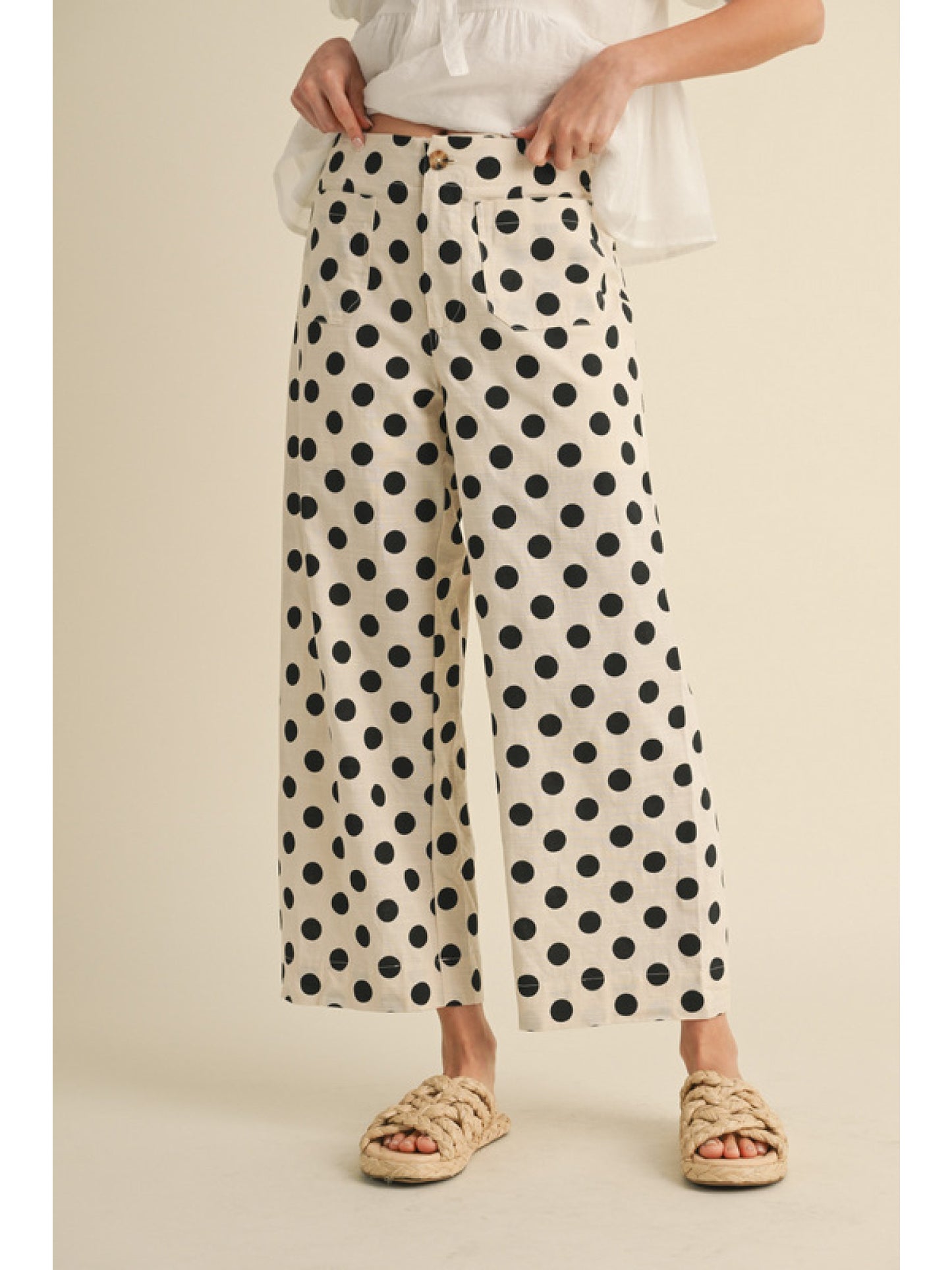 Polka Dot Print Wide Leg Pants- Black