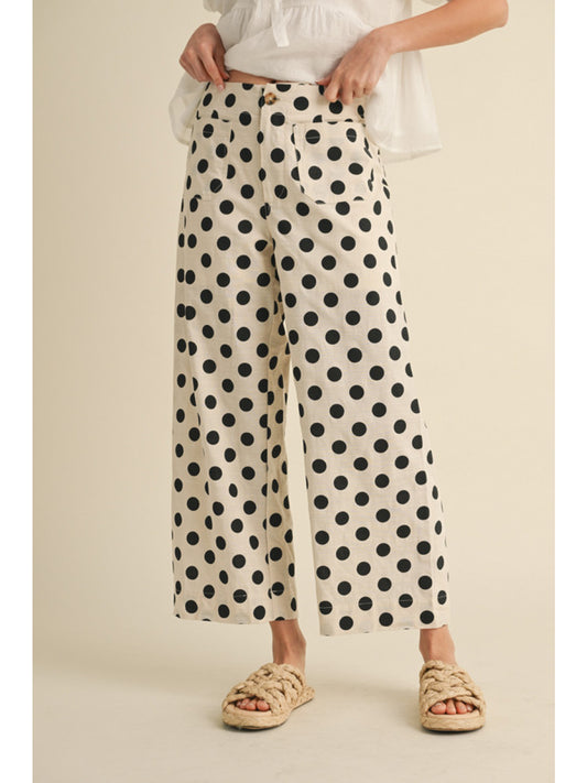 Polka Dot Print Wide Leg Pants- Black