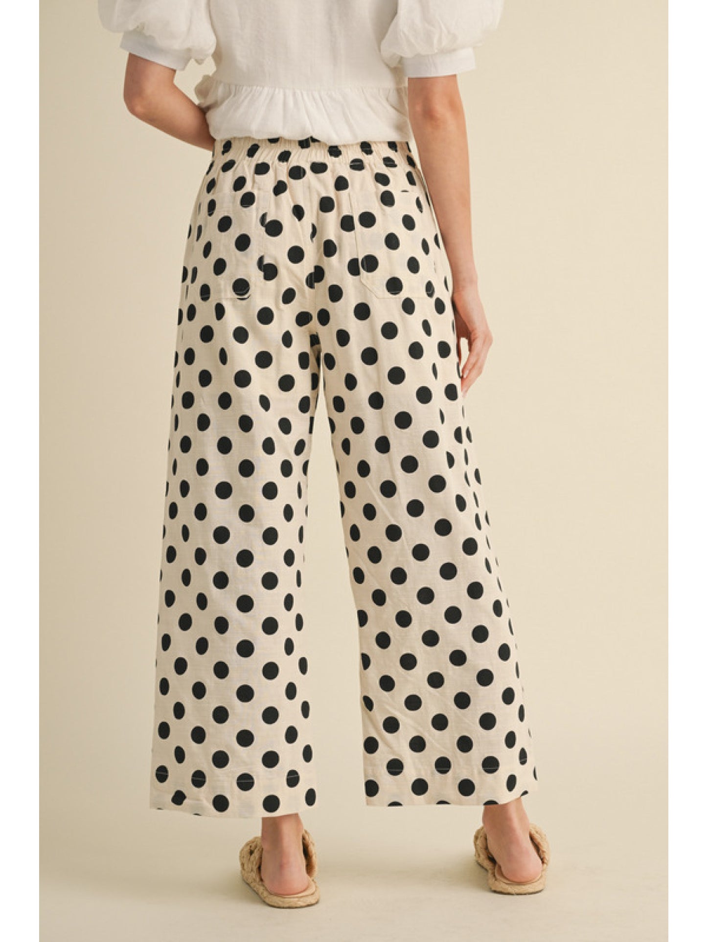 Polka Dot Print Wide Leg Pants- Black