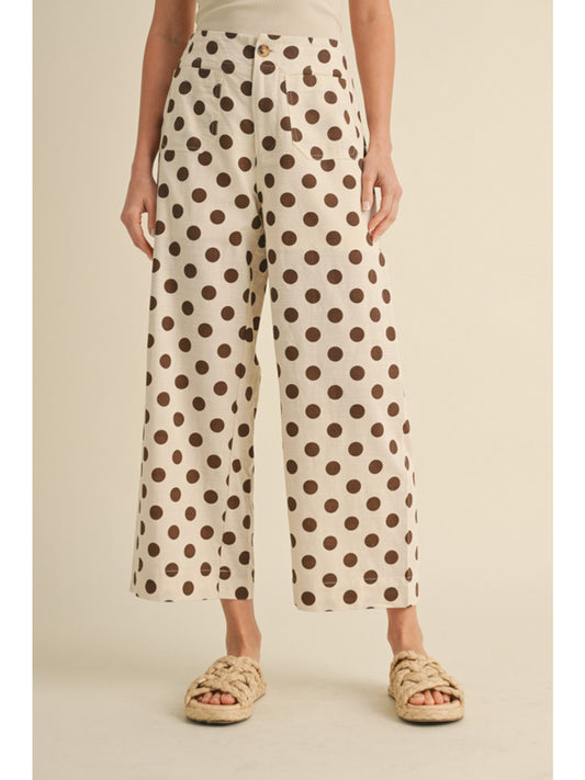 Polka Dot Print Wide Leg Pants- Brown