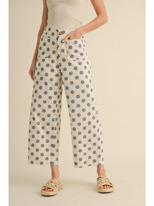 Polka Dot Print Wide Leg Pants- Blue