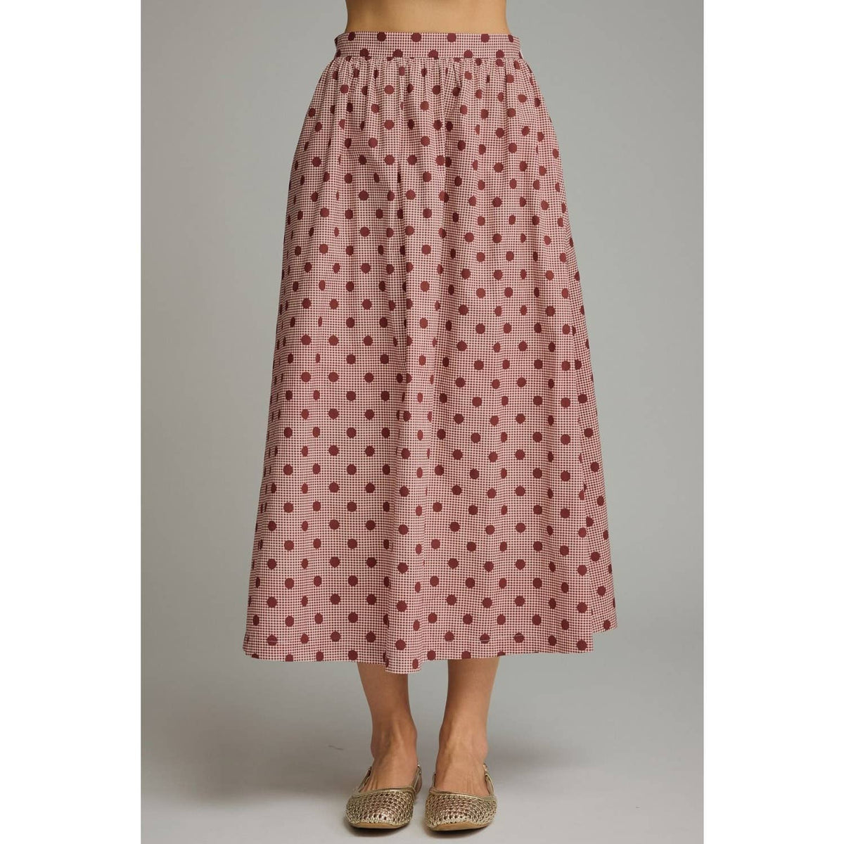 Gingham polka dot midi skirt: Burgundy